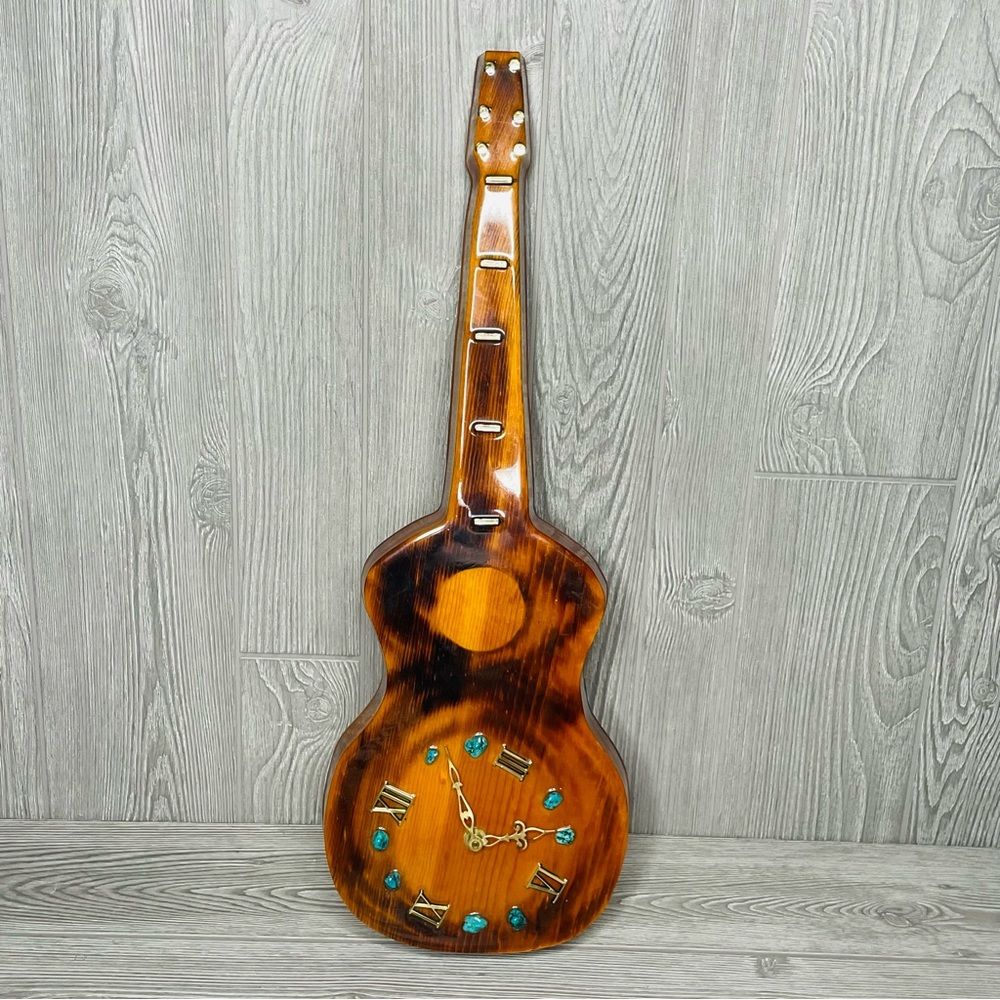 vintage handmade wooden lacquered wall art guitar clock decoration with gems